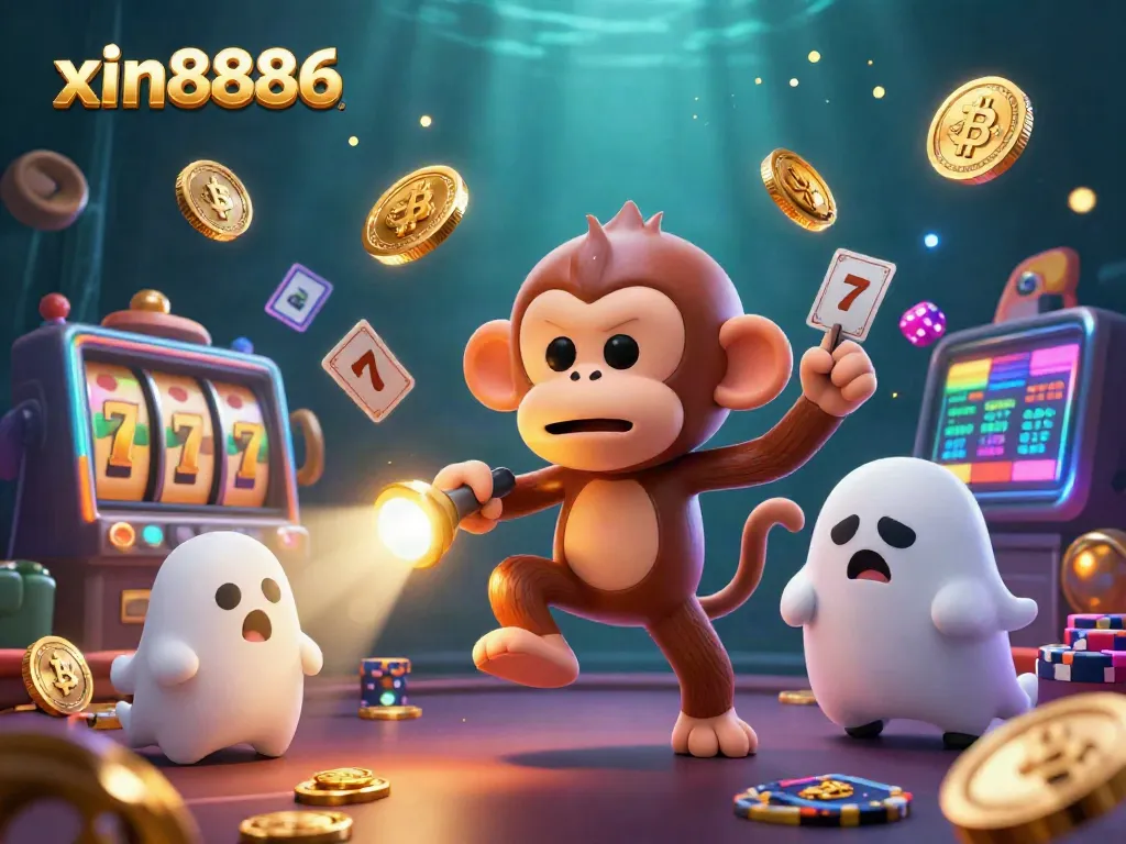 Join the adventure at xin8886 as a mischievous poltergeist monkey juggles casino treasures in a haunted setting.