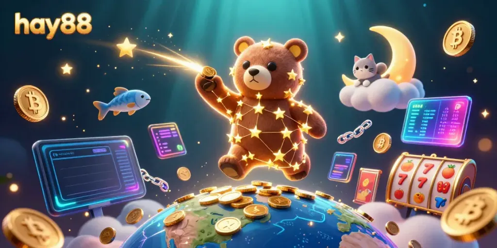 Experience excitement at hay88 with a dazzling 3D casino illustration showcasing vibrant characters and layered gaming elements.