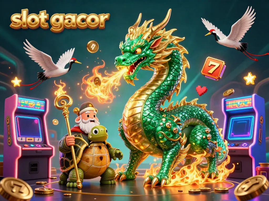 Experience the energy of slot gacor with vibrant 3D gaming visuals featuring dragons and lucky cranes.