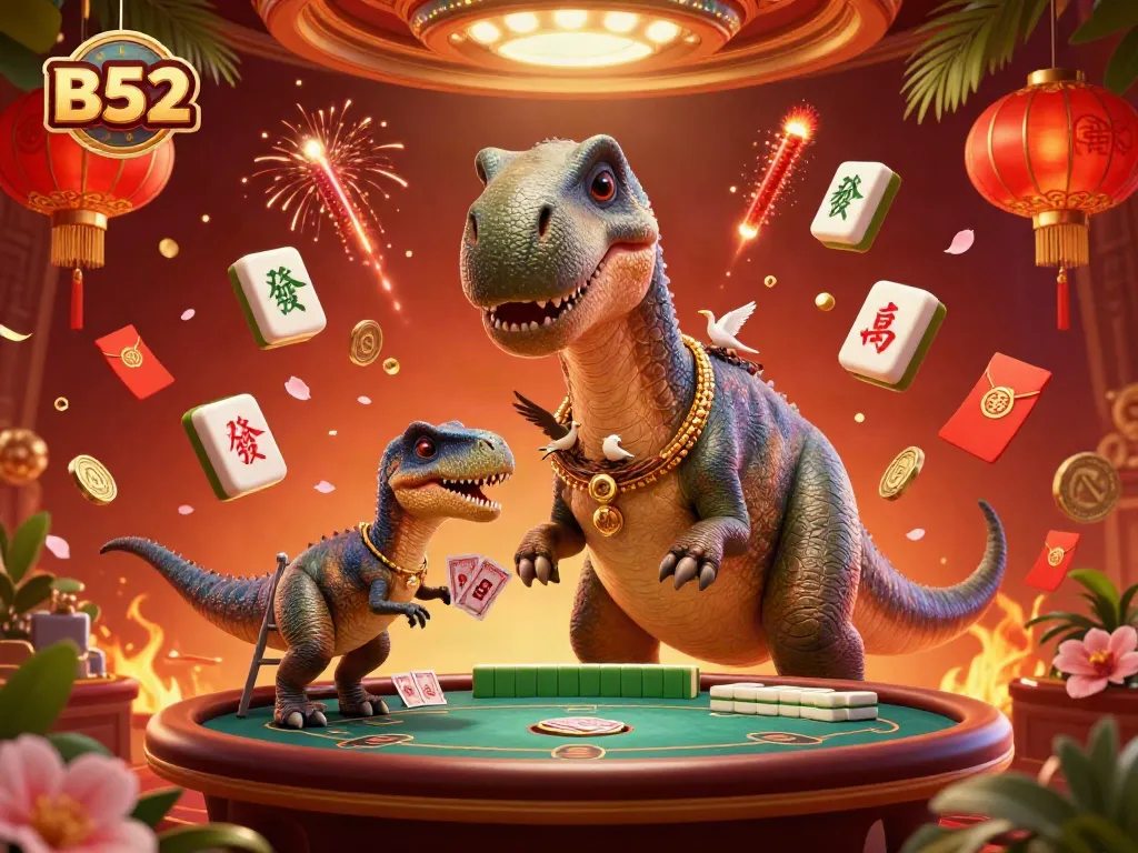 B52 gameplay scene depicting a jungle-themed casino with a giant brontosaurus and raptor dealer in action.