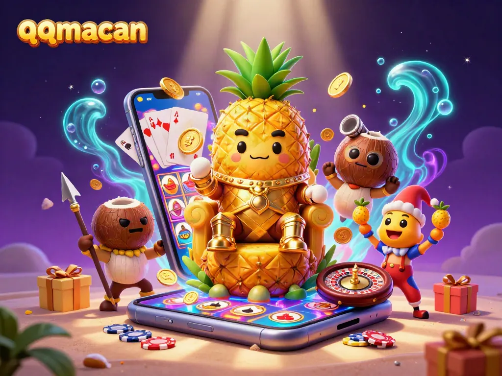 Experience thrilling gaming at qqmacan with a vibrant tropical casino atmosphere featuring the golden pineapple king.