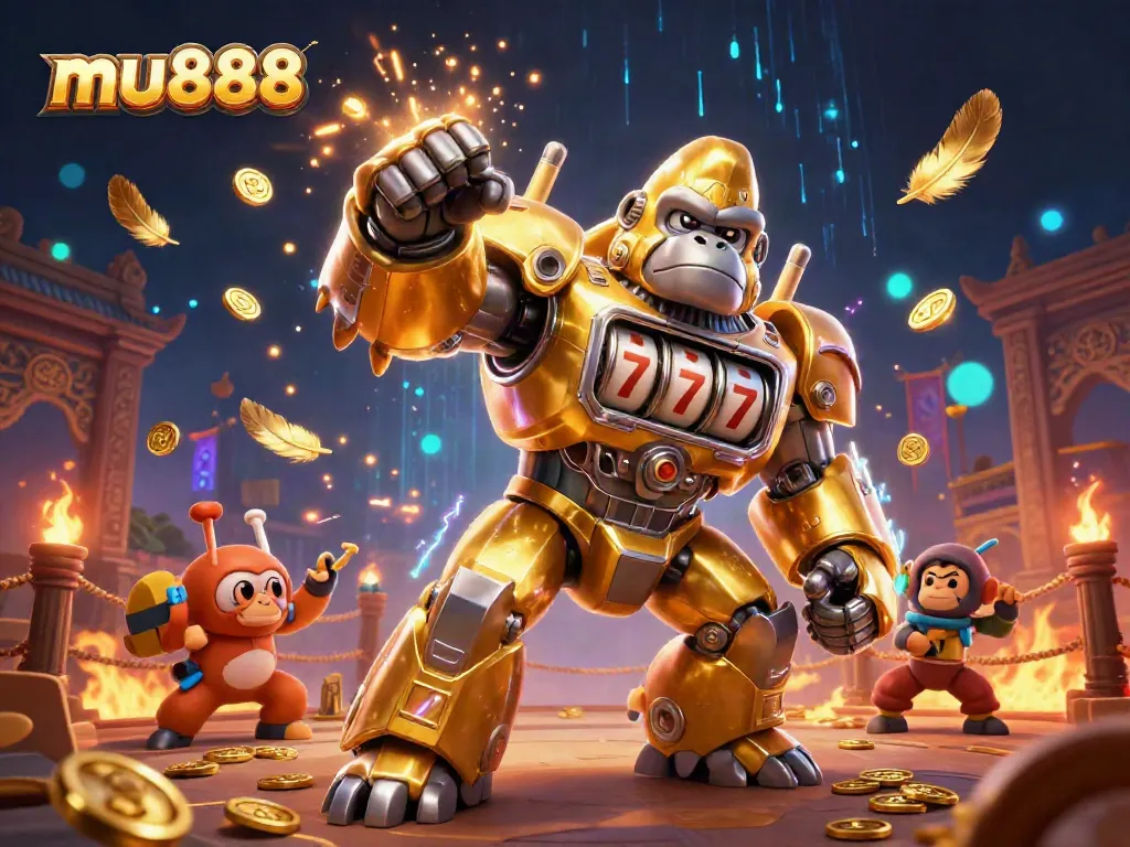 Engage with exhilarating gameplay at mu888 featuring dynamic 3D visuals of a golden gorilla mech.