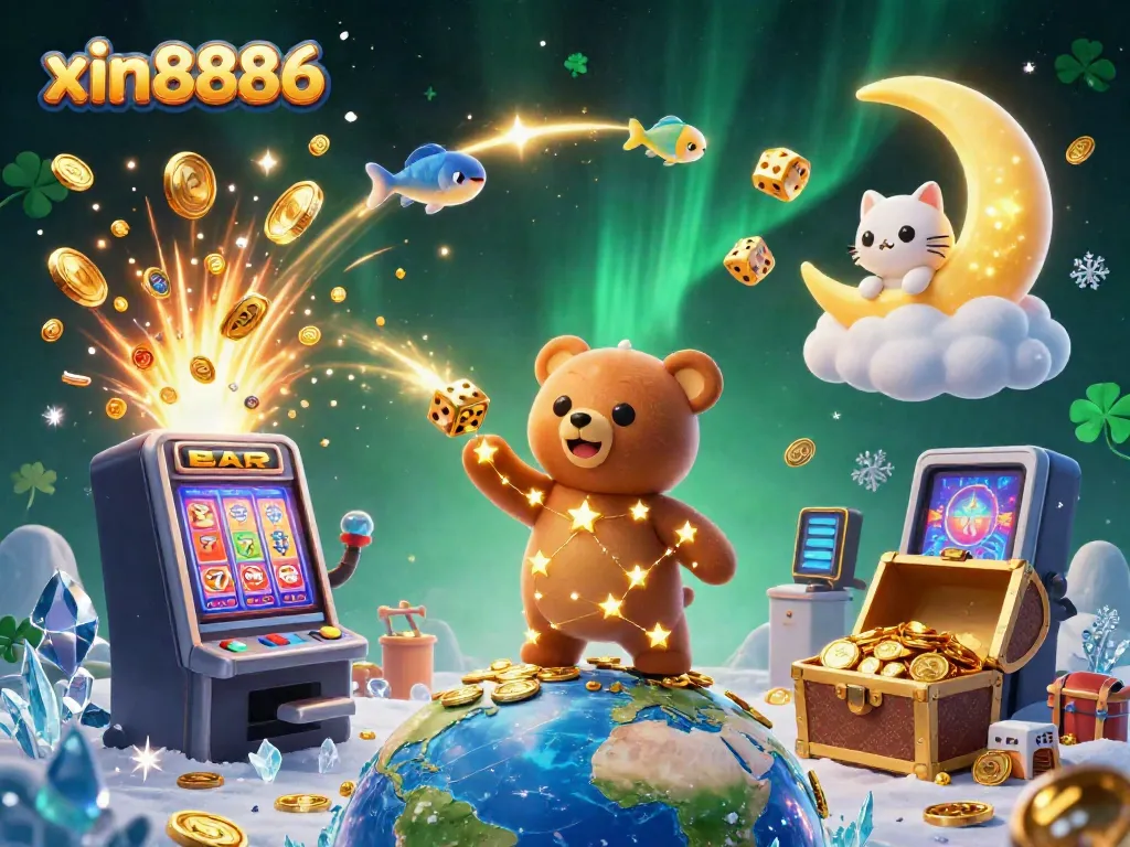 Experience the excitement of online gaming with xin8886's vibrant 3D casino scene featuring golden stars and jackpots.