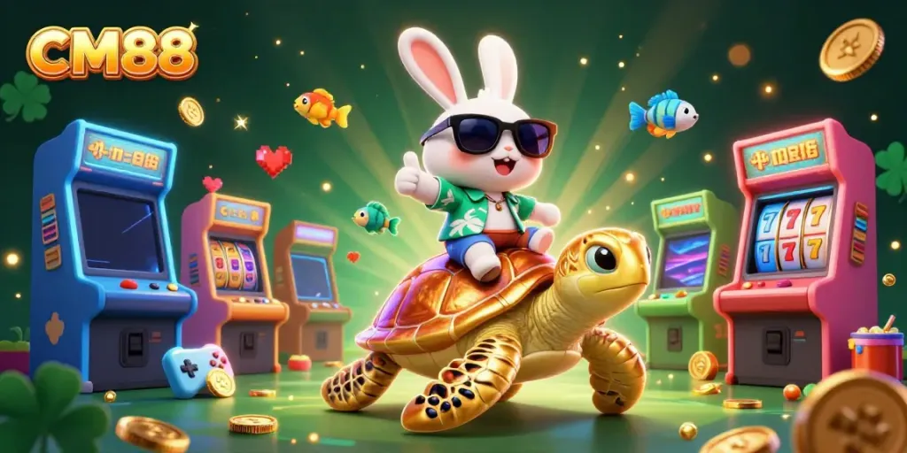 CM88 promotes excitement with a lucky rabbit, golden turtle, and vibrant casino elements portraying a lively gaming atmosphere.