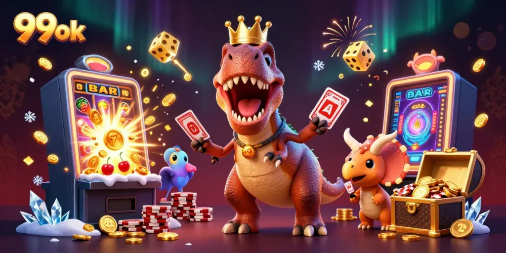 Engage in fun with 99ok's vibrant cartoon casino scene featuring dinosaur characters and dynamic game elements.