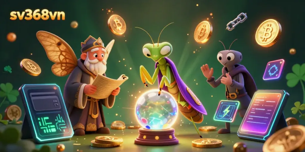 Engage with sv368vn's dynamic casino scene featuring a fortune teller and vibrant crypto elements.