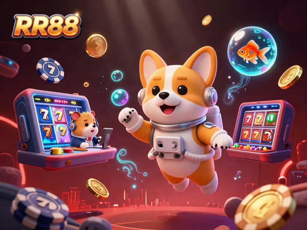 Experience the thrill of RR88 casino in a vibrant 3D scene featuring playful characters and floating jackpot symbols.
