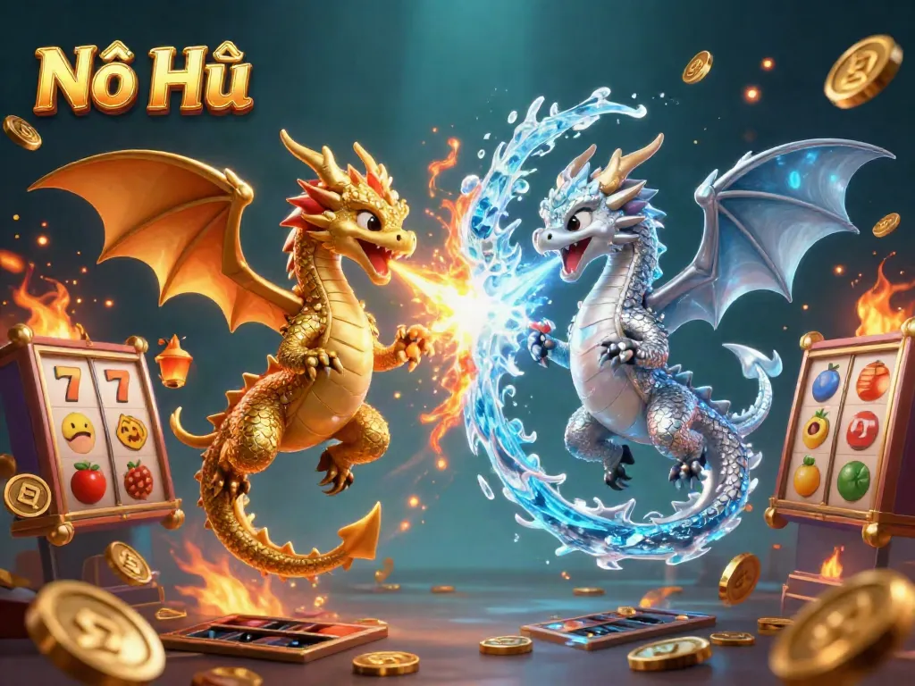 Experience thrilling Nổ Hũ action with vibrant dragons and dynamic slot elements, capturing casino excitement.