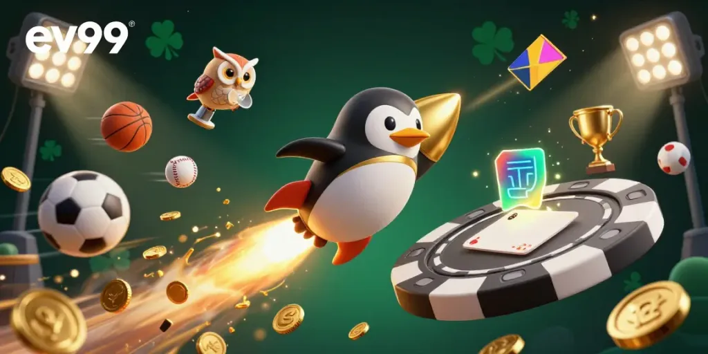 Experience thrilling gaming action with ev99's golden penguin racing to a casino space station.